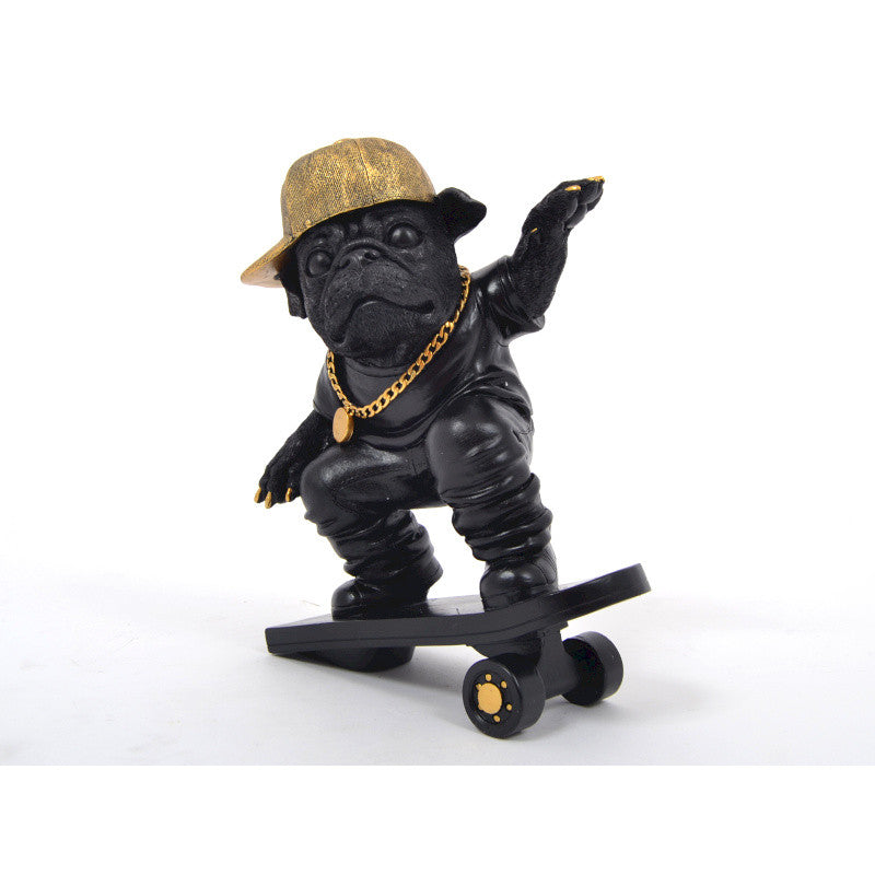 Statue de chien Bouledogue Anglais "Skateur" en résine noire, hauteur 25 centimètres