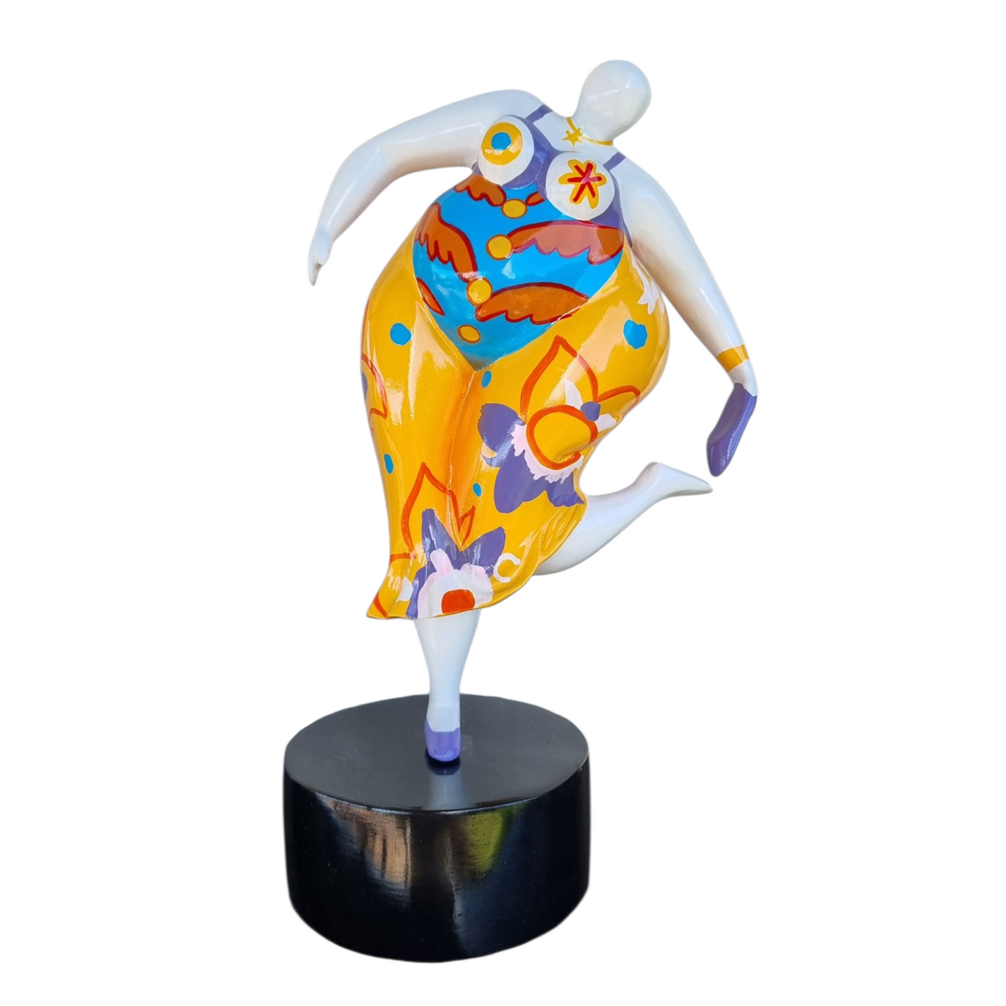 Statue of a curvy female dancer, in the style of the "Nanas," made of multicolored resin. Height 33 centimeters