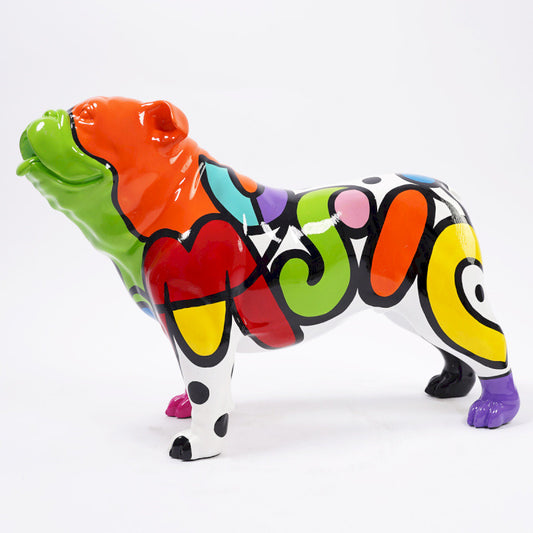 Large English Bulldog Statue "Pop Art", multicolored resin. Length 50 centimeters