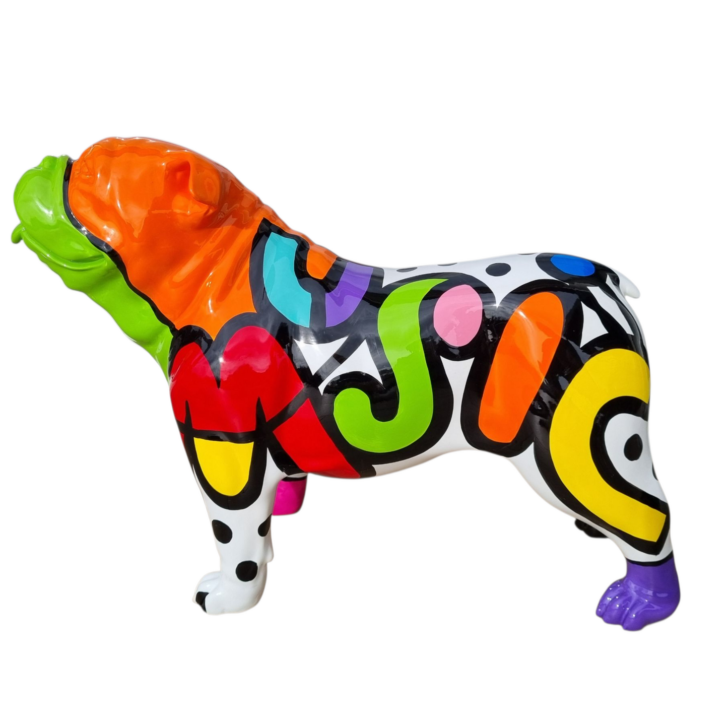 Statue Bouledogue Anglais "Pop Art" en résine multicolore. Longueur 50 centimètres