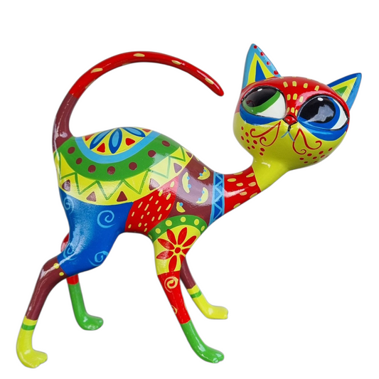 Statuette Chat jaune style Mexicain Día de los Muertos. Sculpture colorée en résine, 19/24 cm  peinte à la main, décoration Laure Terrier