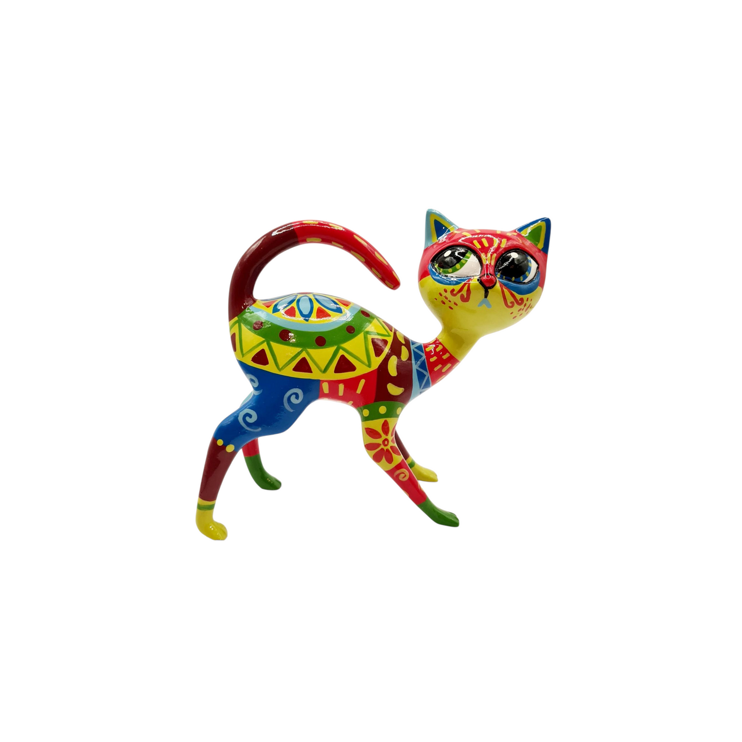 Statue chat mexicain résine multicolore. Longueur 14 centimètres