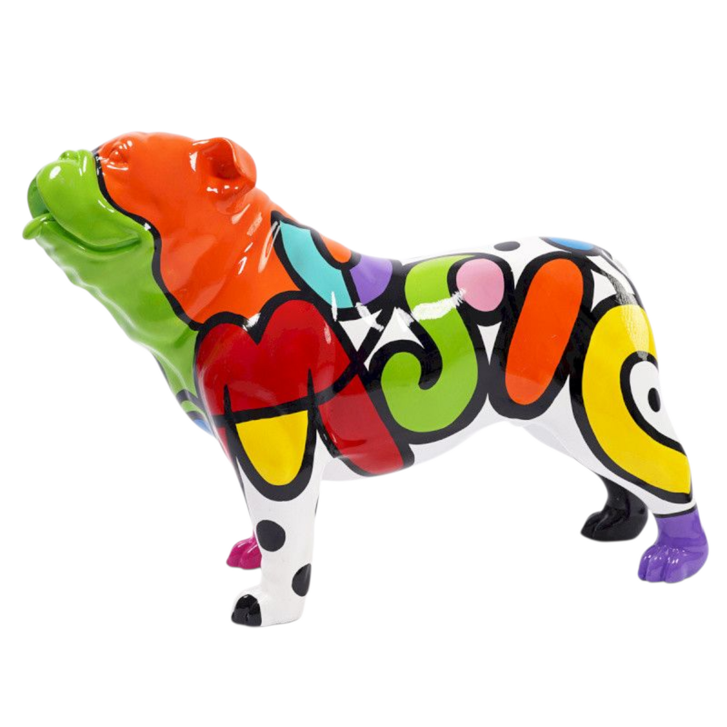 Statue Bouledogue Anglais "Pop Art" en résine multicolore. Longueur 50 centimètres