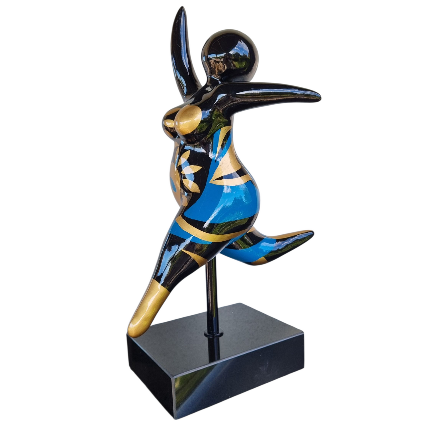 Statue de femme danseuse, modèle bleu et doré, hauteur 40 centimètres