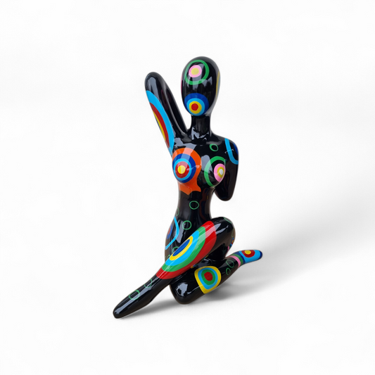 Large sitting woman statue, multicolored resin. Height 53 centimeters