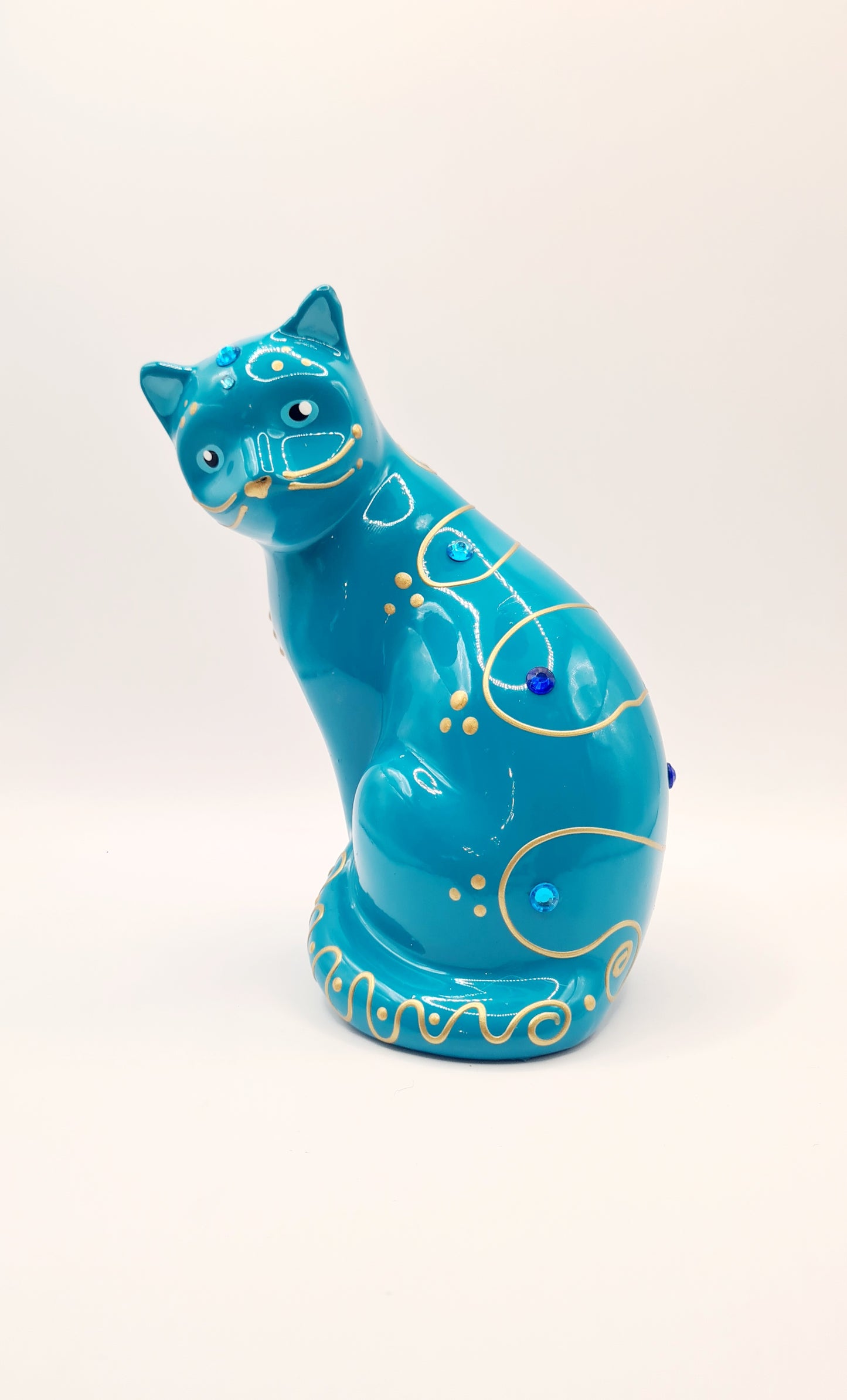 Statue de chat bleu turquoise en céramique, décoration Laure Terrier, hauteur 15 centimètres