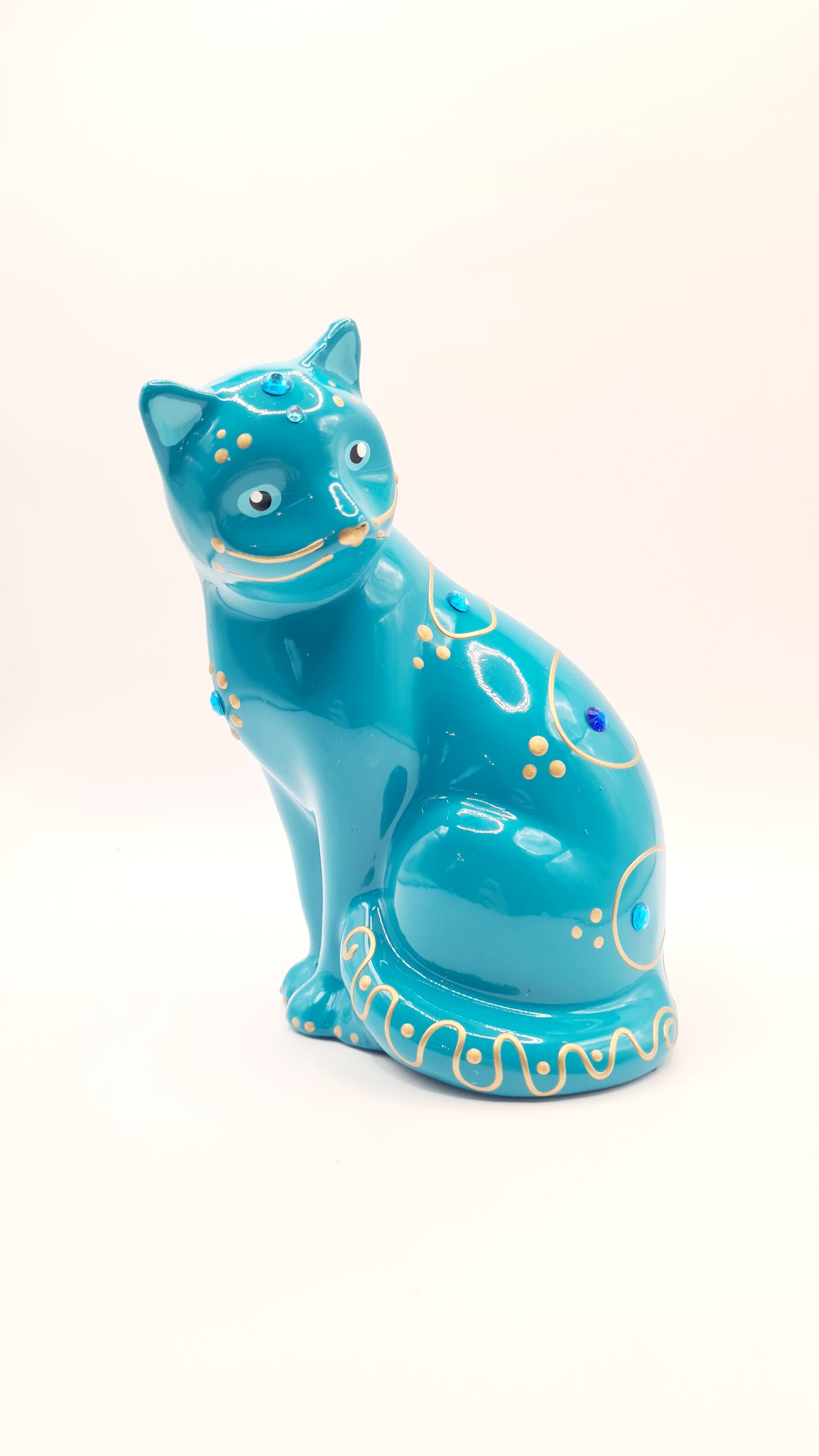 Statue de chat bleu turquoise en céramique, décoration Laure Terrier, hauteur 15 centimètres