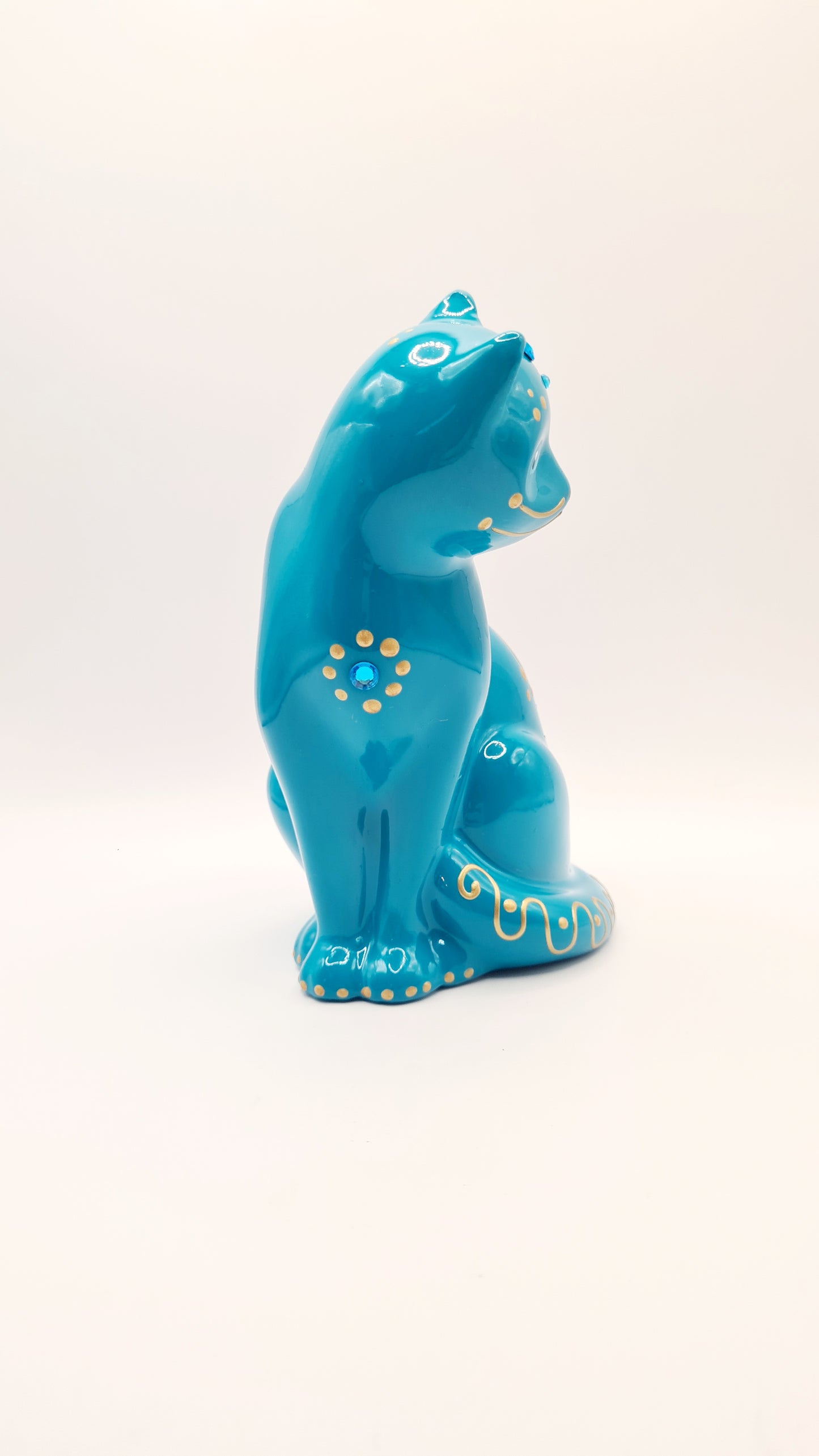 Statue de chat bleu turquoise en céramique, décoration Laure Terrier, hauteur 15 centimètres