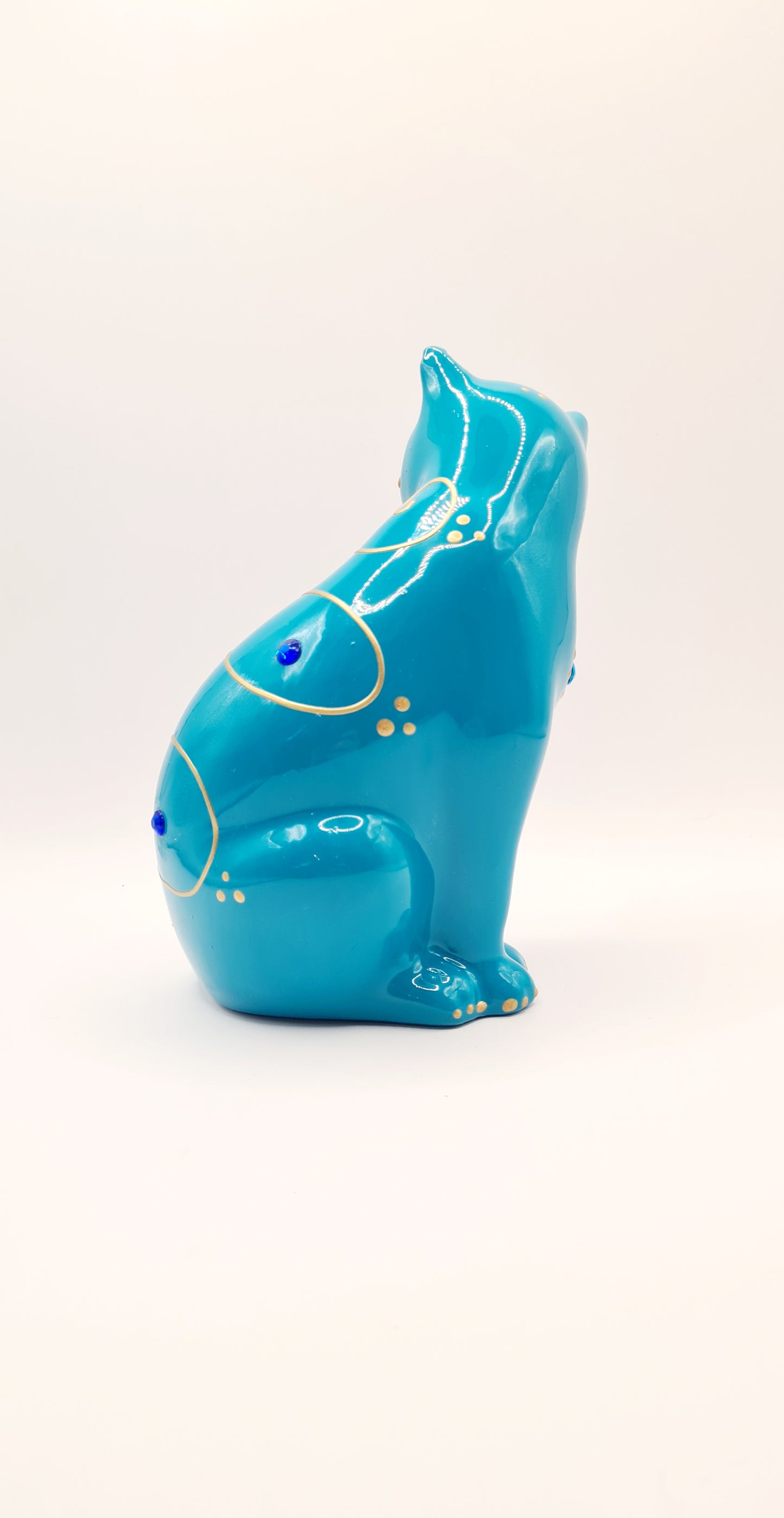 Statue de chat bleu turquoise en céramique, décoration Laure Terrier, hauteur 15 centimètres