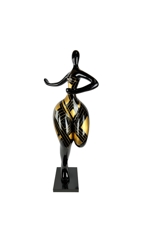 Grande sculpture femme ronde "Nana", en résine noire et dorée. Hauteur 140 centimètres