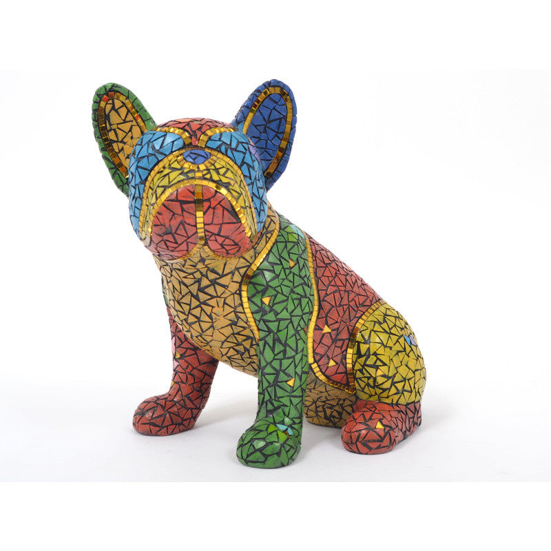 Grande statue de chien Bouledogue Français en mosaïque multicolore. Hauteur 28 centimètres