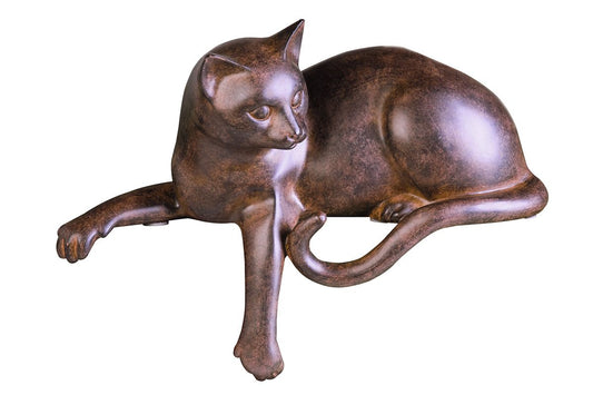 Statue de chat, en résine couleur bronze, longueur 28 centimètres
